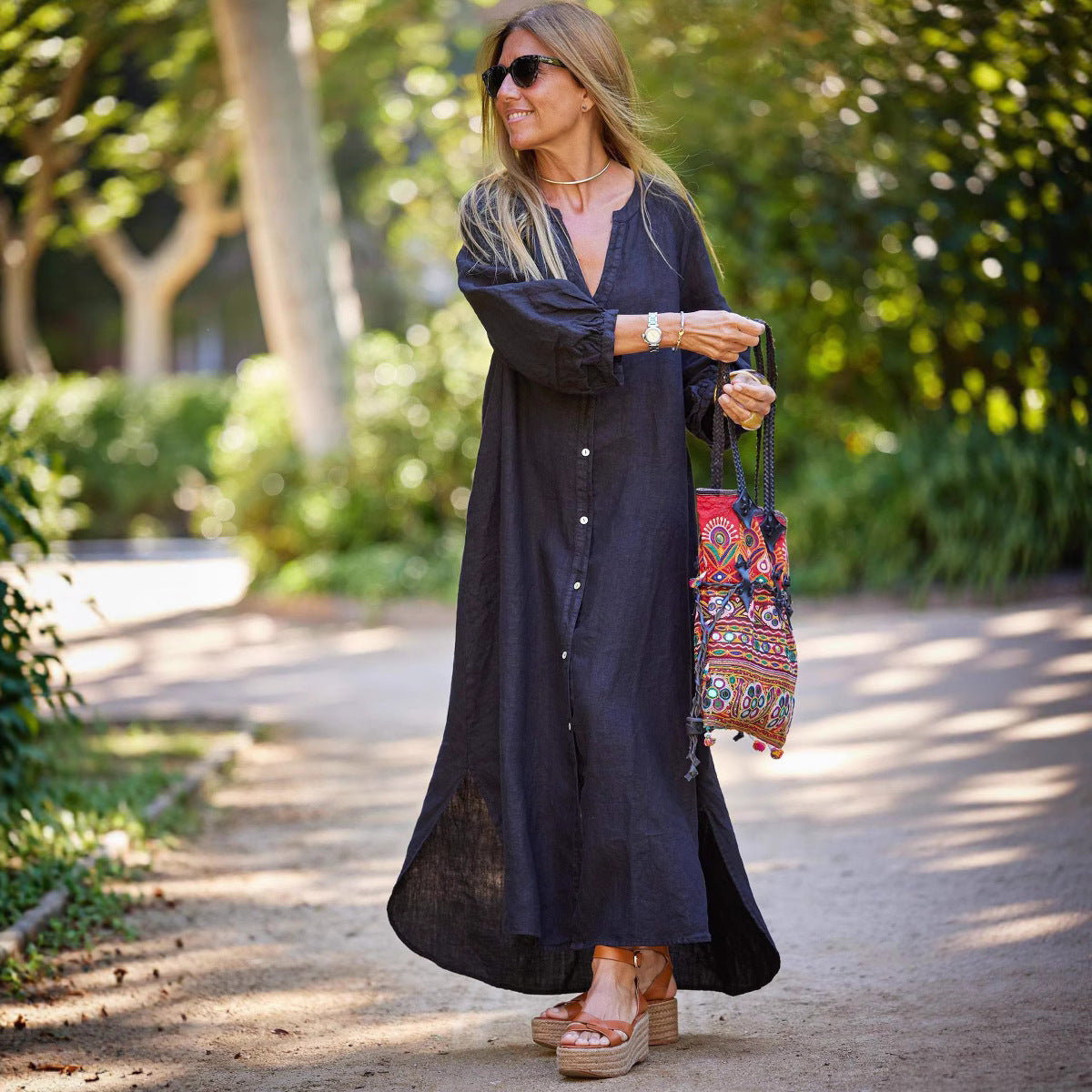 Damen lässiges Langarmkleid mit Knopfleiste und Ballonärmeln R&B