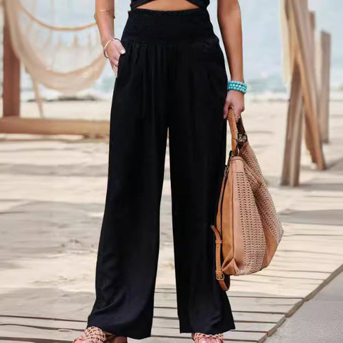 Damen Weite Leinenhose mit elastischem Bund und Falten R&B