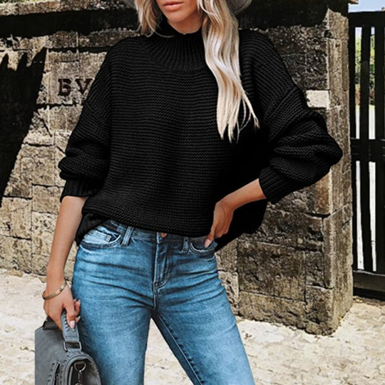 Damen kuscheliger Pullover mit hohem Kragen und strukturiertem Strickmuster R&B