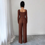 Damen nan tailliertes Blusen- und Hosen-Set aus Crinkle-Plissee mit Puffärmeln und Zierknöpfen R&B