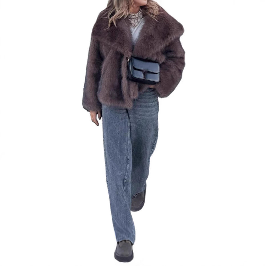 Damen Luxuriöse Kunstfelljacke mit voluminösen Ärmeln und breitem Revers R&B