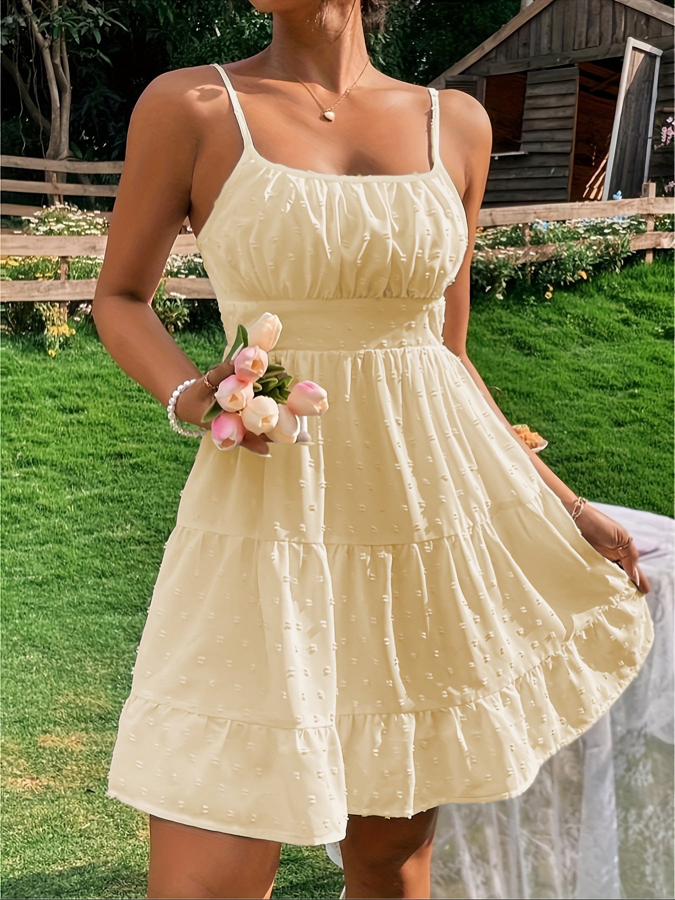 Damen Sommerkleid mit Rüschen und verstellbaren Spaghettiträgern R&B