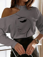 Damen Designer Off-Shoulder Shirt mit stylischem Gesichtsdruck R&B