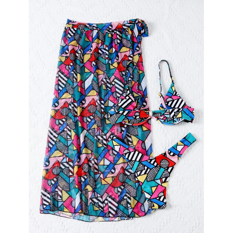 Damen Bikini-Set mit modischem Wickelrock und buntem Grafikdruck R&B