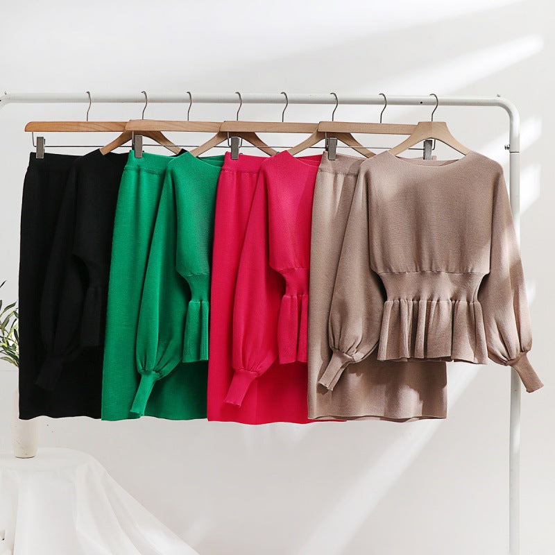 Damen elegantes Strickensemble mit Raffung und Ballonärmeln R&B