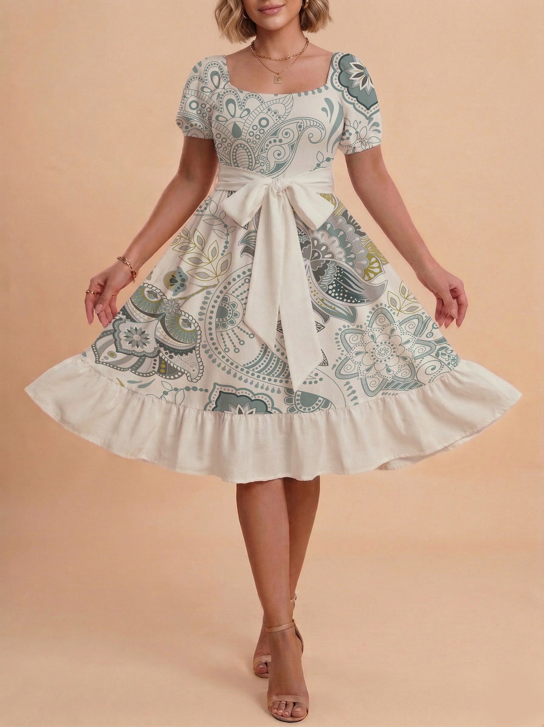 Damen modernes Blumenkleid mit elegantem Taillengürtel und asymmetrischem Saum R&B
