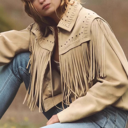 Damen modische Fransenjacke mit steinverziertem Kragen R&B