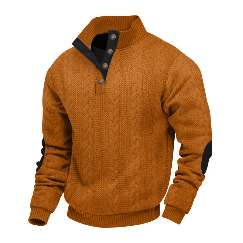 Herren nan grober Zopfstrick Troyer mit Knopfleiste und Veloursleder-Ellenbogenpatches R&B