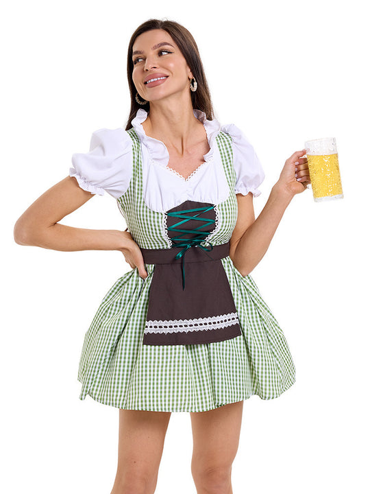 Damen Trachtenkleid im modernen Latzdesign mit nostalgischen Karomustern und verspieltem Schürzenakzent R&B