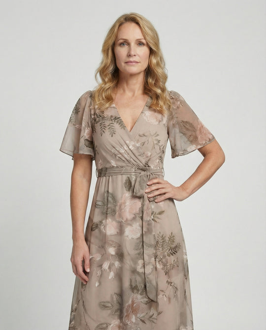 Damen Midikleid Wickelkleid Chiffon