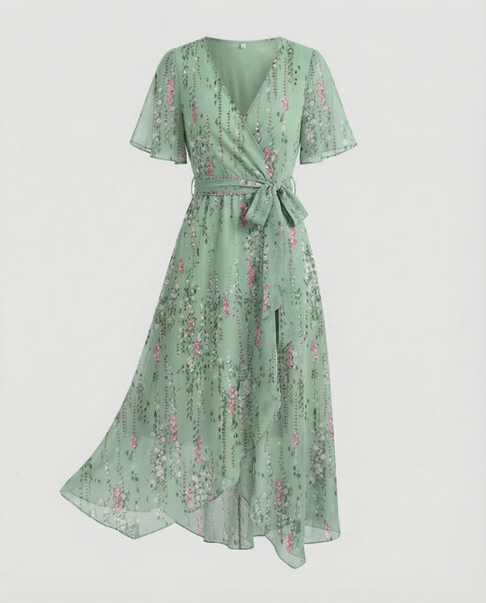 Damen Midikleid Wickelkleid Chiffon