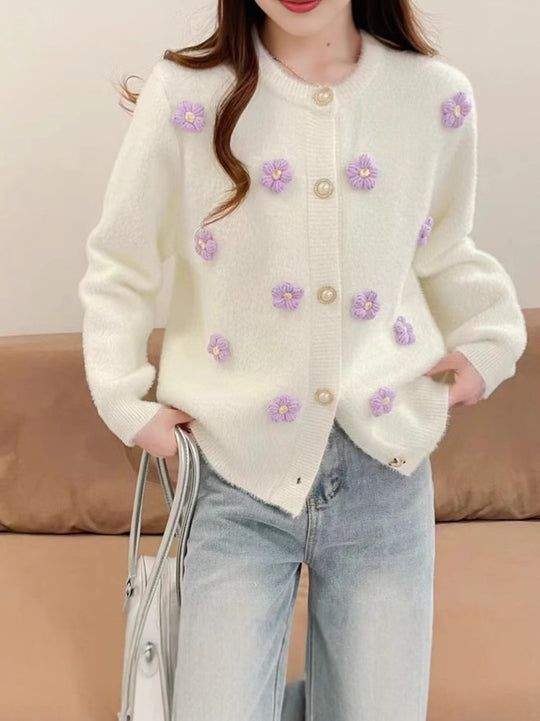 Damen Strickjacke mit zarter Blumenstickerei und Perlenknöpfen R&B