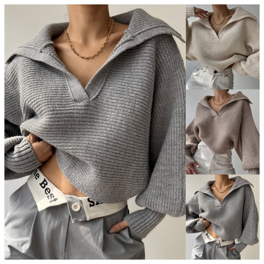 Damen modischer Strickpullover mit lässigem V-Ausschnitt und oversized Ärmel R&B