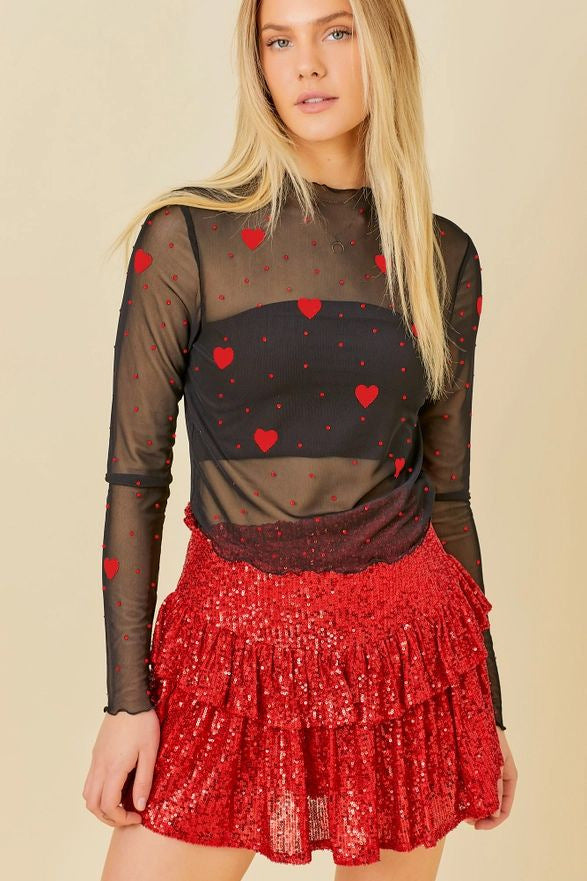 Damen transparenter Langarmbody mit Herzmotiv und Funktionsrock R&B