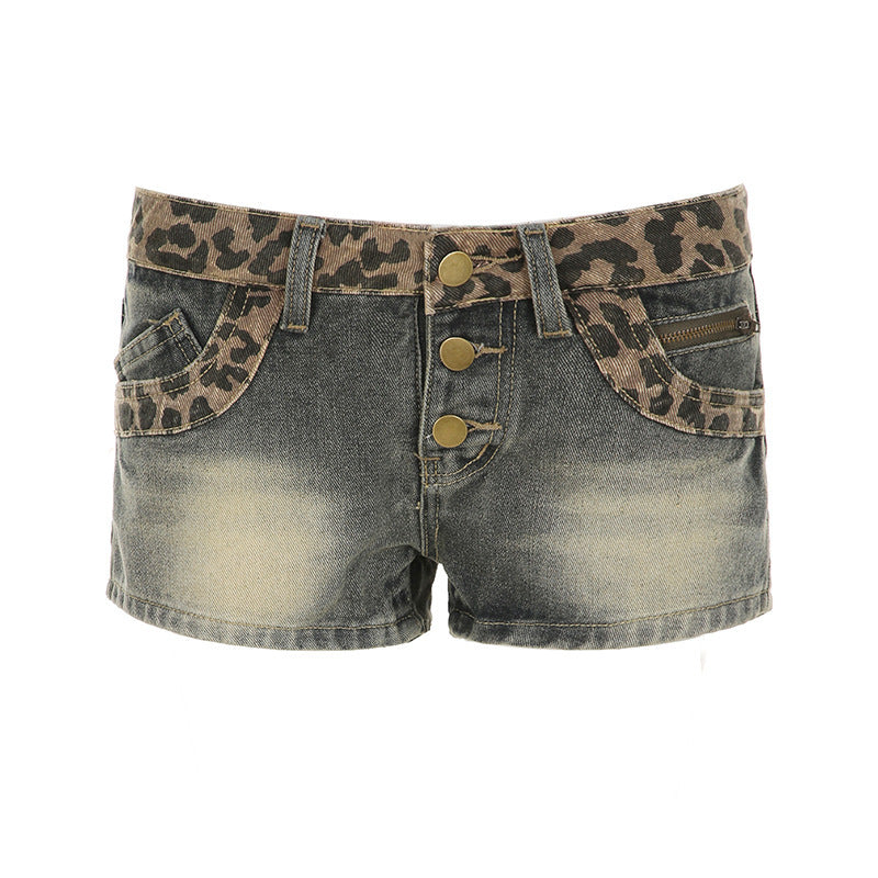 Damen Kurze Jeansshorts mit Leopardenmuster und gerafftem Bund R&B