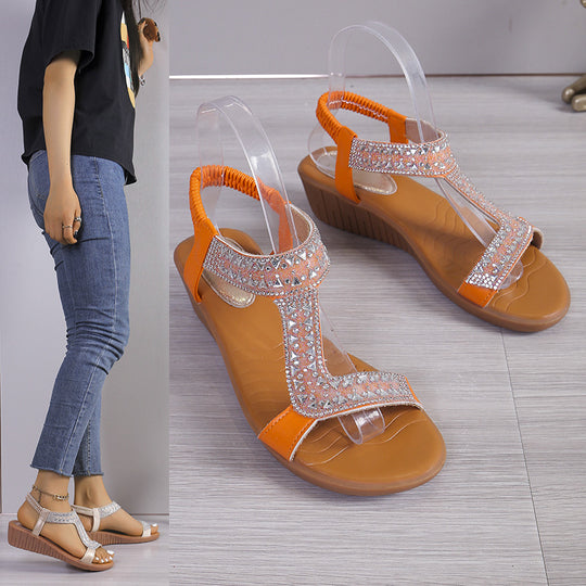 Damen elegante Riemchen-Sandalen mit funkelnden Strassverzierungen und rutschfester Sohle R&B