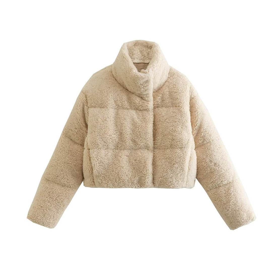 Damen kuschelige cropped Teddyjacke mit hohem Kragen und seitlichen Taschen R&B