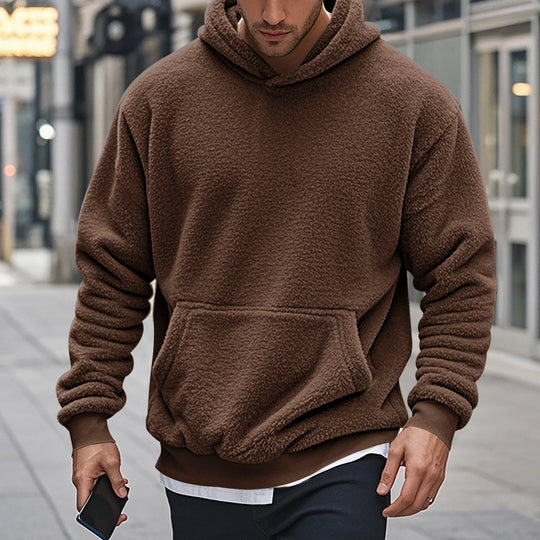 Herren Hoodie aus kuscheligem Teddy-Fleece mit Kängurutasche und breiten Bündchen R&B