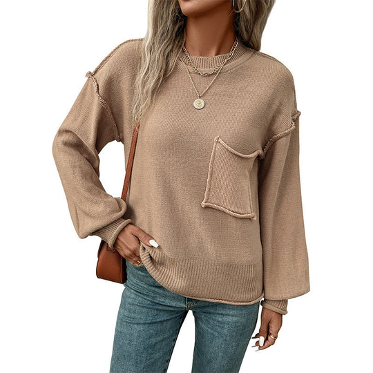 Damen lässiger Pullover mit voluminösen Ärmeln und praktischer Taschendetail R&B