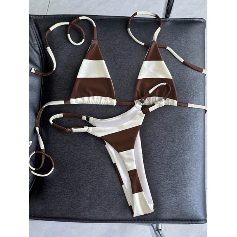 Damen Triangel-Bikini-Set mit schmalen Trägern und angesagtem Streifenmuster R&B