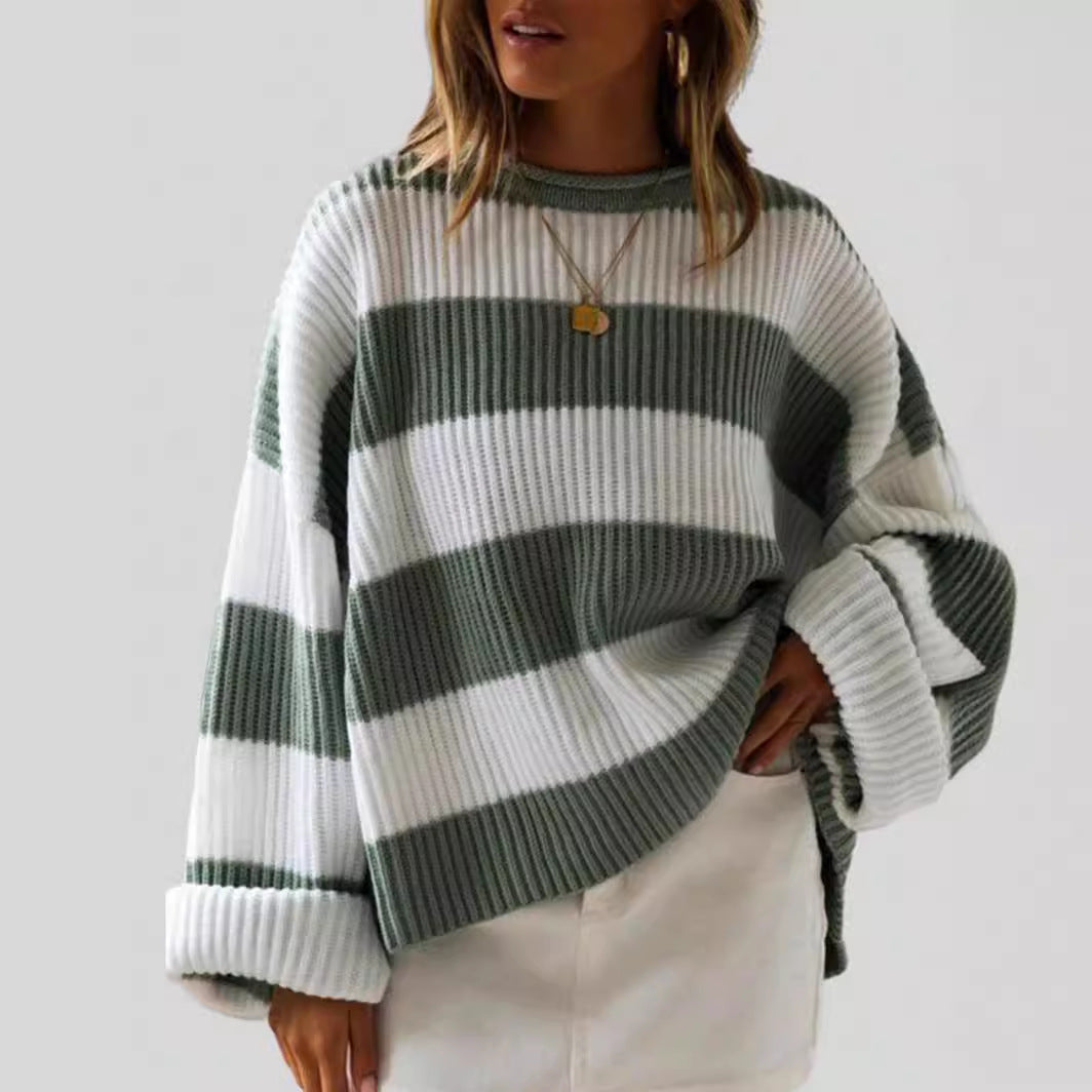 Damen gestreifter Strickpullover mit weitem Schnitt R&B