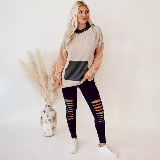 Damen lässiger Kapuzenpullover mit strukturiertem Design und praktischen Taschen R&B