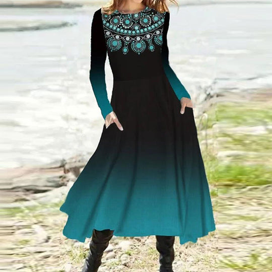 Damen nan fließendes Maxikleid mit Batikkreis-Muster, Rundhalsausschnitt, Taillennaht und Eingrifftaschen R&B
