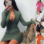 Damen Körperbetontes Strickkleid mit tiefem V-Ausschnitt und langen Ärmeln R&B