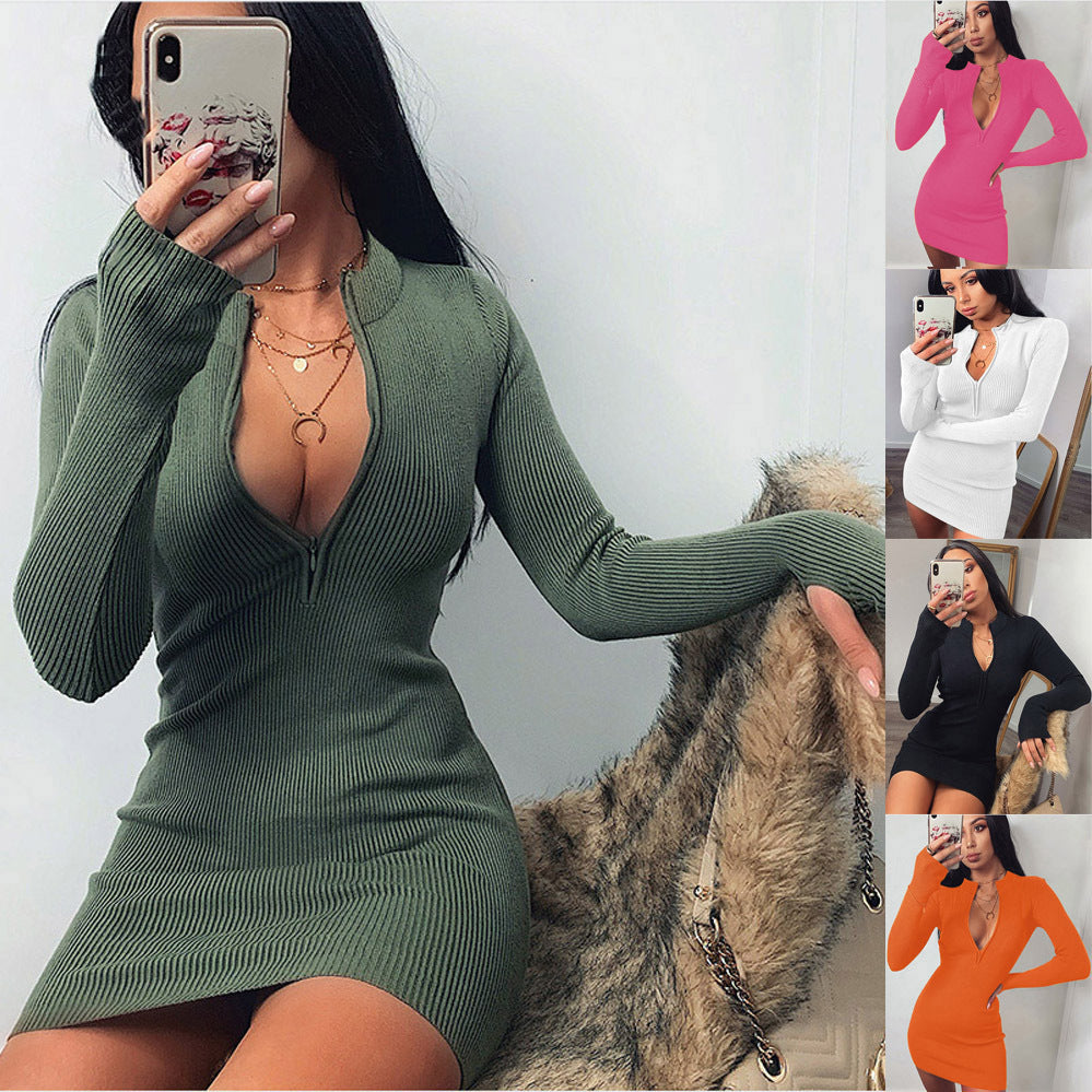 Damen Körperbetontes Strickkleid mit tiefem V-Ausschnitt und langen Ärmeln R&B