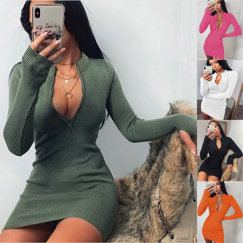 Damen Körperbetontes Strickkleid mit tiefem V-Ausschnitt und langen Ärmeln R&B