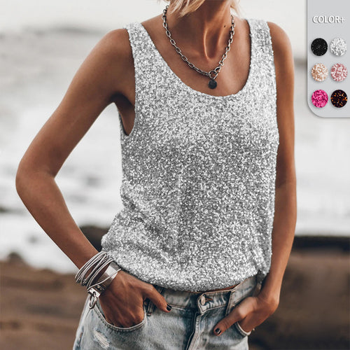 Damen Glitzerndes Top mit tiefem Rundhalsausschnitt und leichter A-Linie R&B