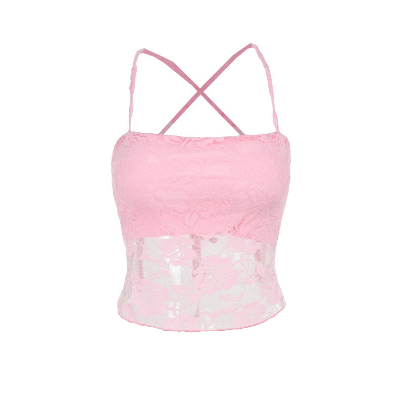 Damen Spitzen-Crop-Top mit verstellbaren Spaghetti-Trägern und floralem Muster R&B