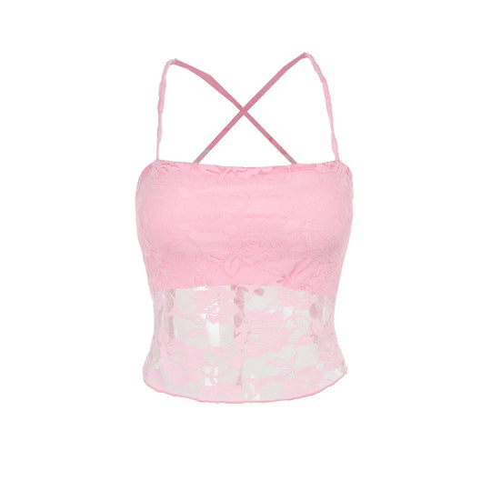Damen Spitzen-Crop-Top mit verstellbaren Spaghetti-Trägern und floralem Muster R&B