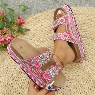 Damen Riemchen-Sandalen mit funkelnden Perlen und verstellbaren Schnallen R&B
