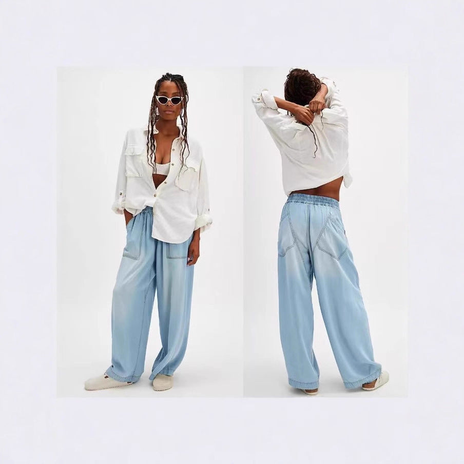 Damen Weite Denim-Hose mit elastischem Bund und Taschen