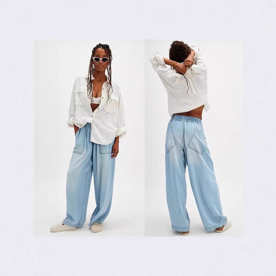 Damen Weite Denim-Hose mit elastischem Bund und Taschen