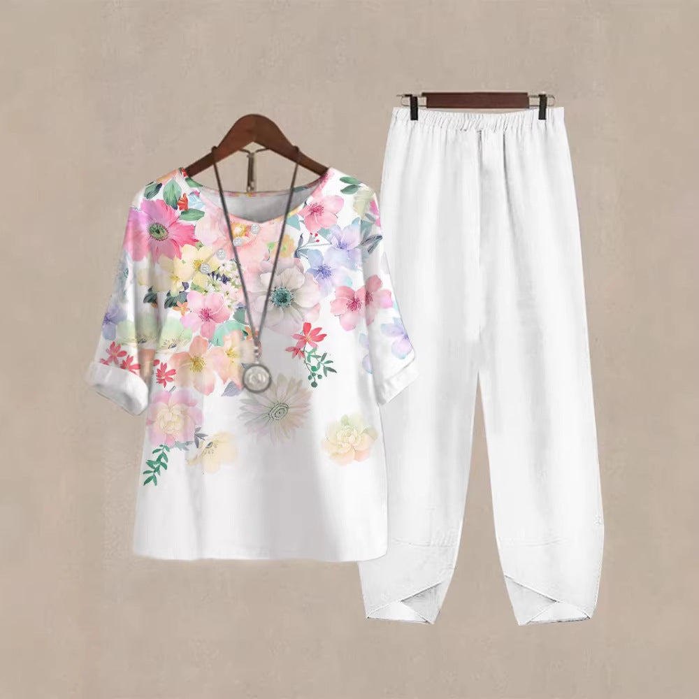 Damen Freizeit Oberteil mit floralem Muster und bequemer Hose R&B