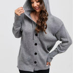 Damen lässige Strickjacke mit Kapuze und Knopfverschluss R&B