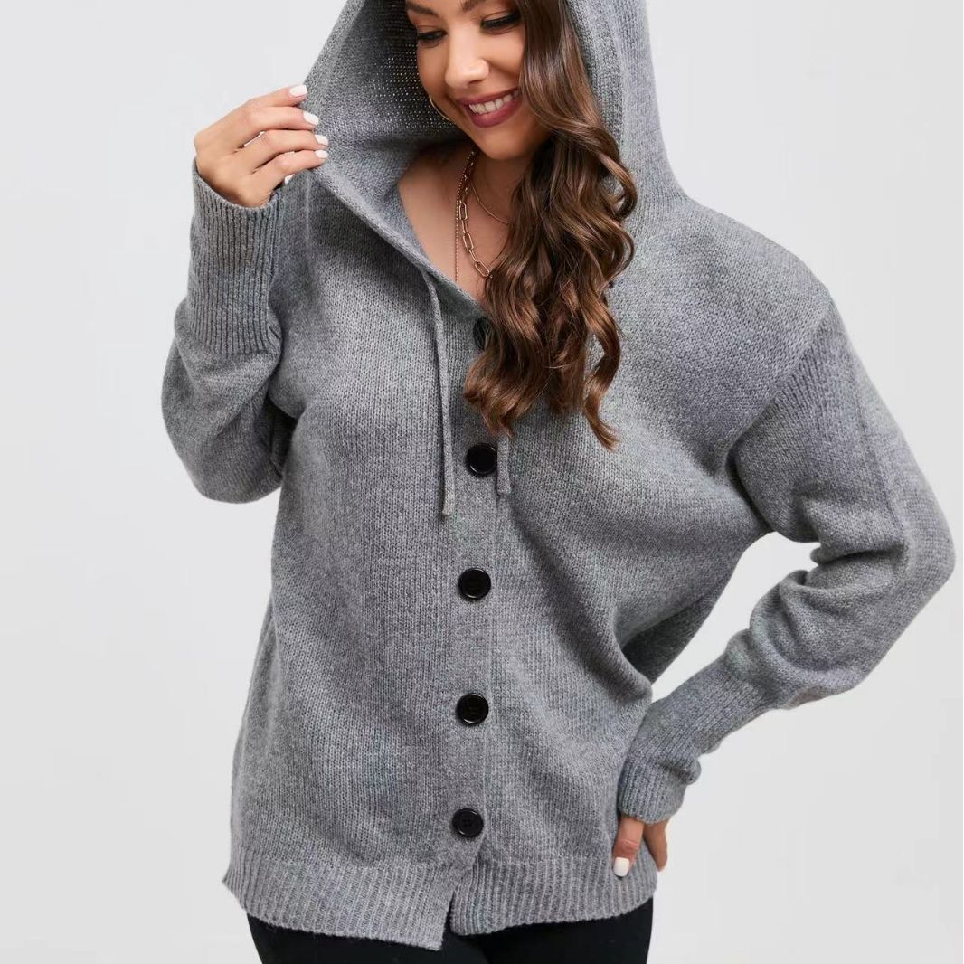 Damen lässige Strickjacke mit Kapuze und Knopfverschluss R&B