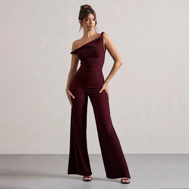 Damen schulterfreier Jumpsuit mit weitem Bein und elastischem Oberteil R&B