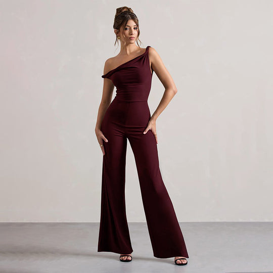 Damen schulterfreier Jumpsuit mit weitem Bein und elastischem Oberteil R&B