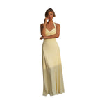 Damen elegantes Maxikleid mit Halter-Ausschnitt und fließendem Satin-Stoff R&B