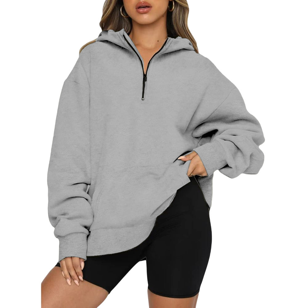 Damen Oversize Kapuzenpullover mit halbem Reißverschluss R&B