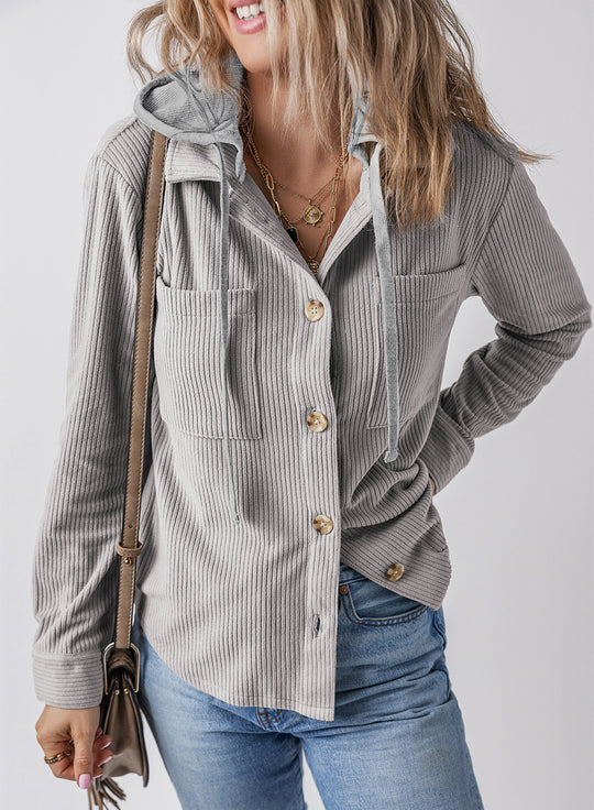 Damen lässige Oversized-Hemdjacke mit Kapuze und strukturiertem Stoff R&B