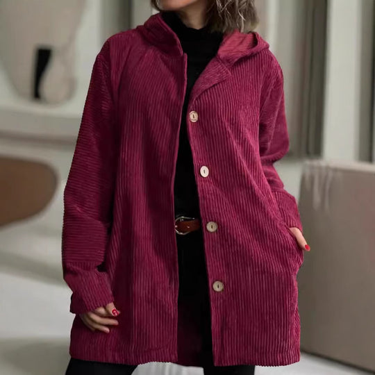 Damen Kapuzenjacke aus Rippstoff mit Holzknöpfen und Freizeit-Schnitt R&B