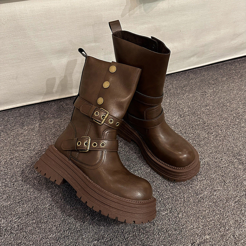Damen Stiefeletten mit modischen Schnallen und robuster Plateausohle R&B