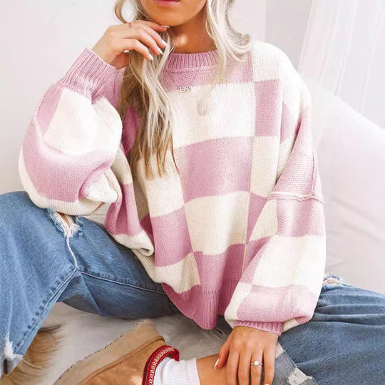 Damen modischer Pullover mit Karomuster und weitem Schnitt R&B