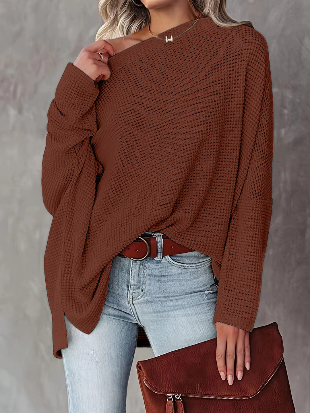 Damen lässiger Off-Shoulder Pullover im Strukturdesign R&B