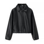 Damen nan kurze Glanz-Kunstlederjacke mit Hemdkragen, verdecktem Reißverschluss und elastischem Bund R&B