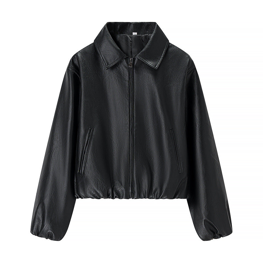Damen nan kurze Glanz-Kunstlederjacke mit Hemdkragen, verdecktem Reißverschluss und elastischem Bund R&B